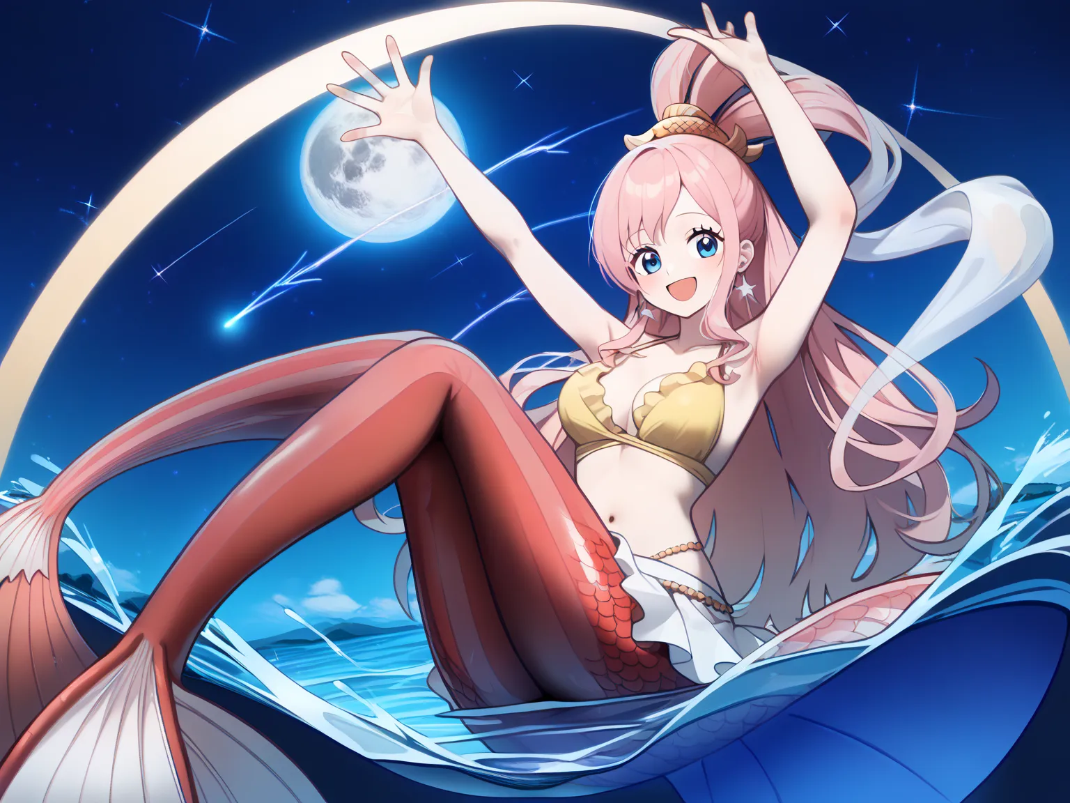 art-like background、Full Moon at night 、sea score_9,  score_8_ up ,  score_7_ up ,  score_6_ up ,  score_5_ up ,  score_4_ up ,   source_anime, Asira  ,   long hair,   pink hair,  hair ornament,    hair ornament,     jewelry,   earrings,  blue eyes,   big ...