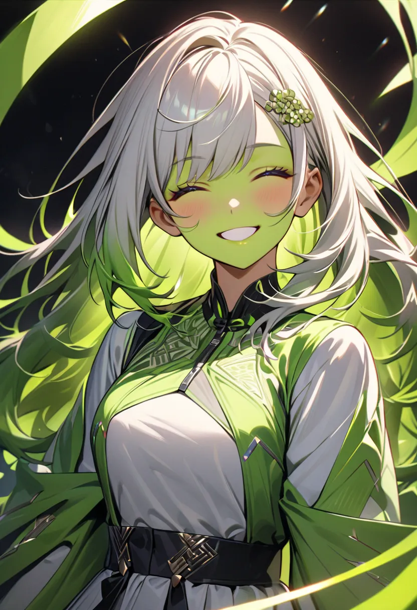 A girl character with vibrant green skin and a youthful appearance, featuring waist-length straight hair styled into a distinctive and artistic shape that flows elegantly around her face. Her hair is a rich blackish-green, with striking bright-colored tips...