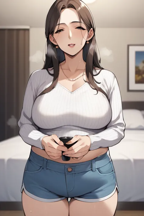 score_9, score_8_ up, score_7_ up, score_6_ up,  source_anime，nsfw，uncorrected，A skinny middle-aged mature woman，Chest for Men, alone, gilf，grandmother，skinny， nasolabial fold， grandma ，Middle-aged obesity，long hair、straight hair ，dark brown hair，sweat，Sim...