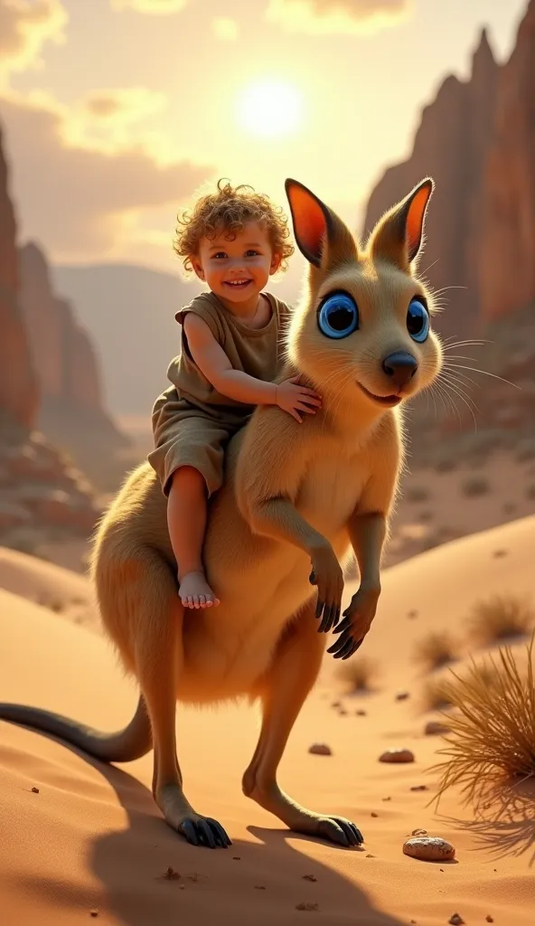 A breathtaking, hyper-realistic image of a baby boy riding a massive kangaroo rat with striking blue eyes, set against a vast desert mountain landscape. The baby, around two years old, has golden-blond curls that glisten under the warm desert sunlight. His...