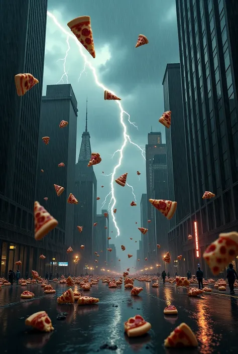 Stormy day with a lot of rain and a thunderstorm with slices of pizza falling from the sky in a city 