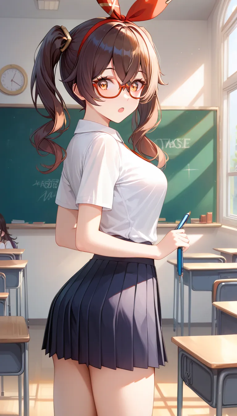 score_9, score_8_up, score_7_up, source_anime, High Res Images,masterpiece,best quality,girls,cute face, beautiful skin with glasses, amber_genshin, white button-up shirt,  pleated black miniskirt, classroom, cowboy shooting, looking back at the viewer, le...