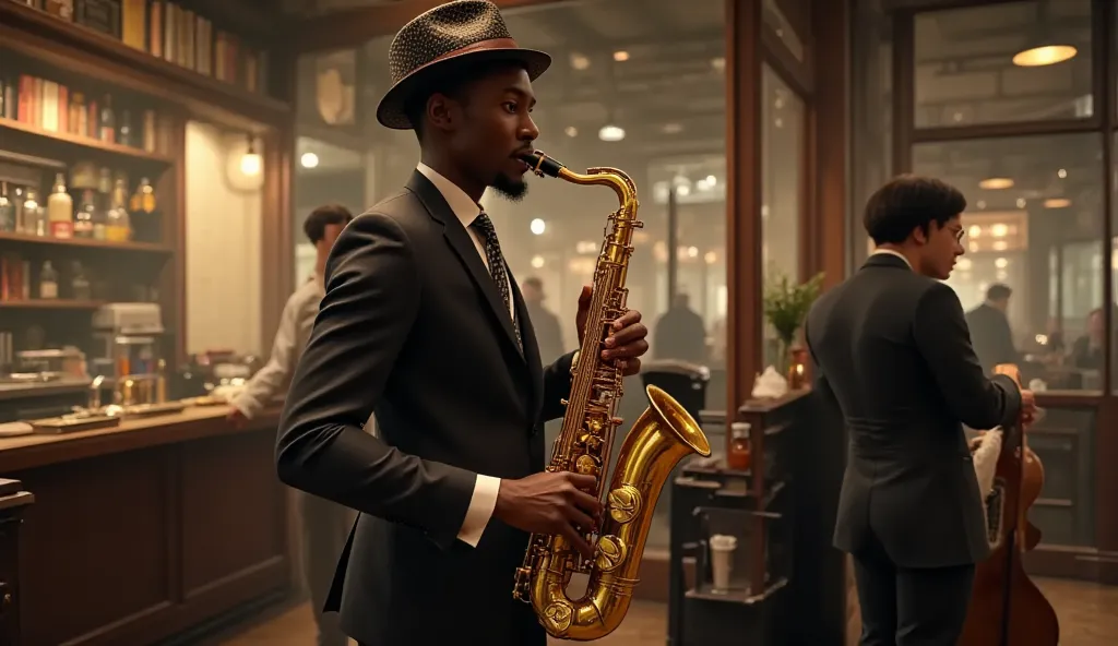 create a picture of a black man in a hat playing the saxophone in a bar in the style of jazz from the thirties