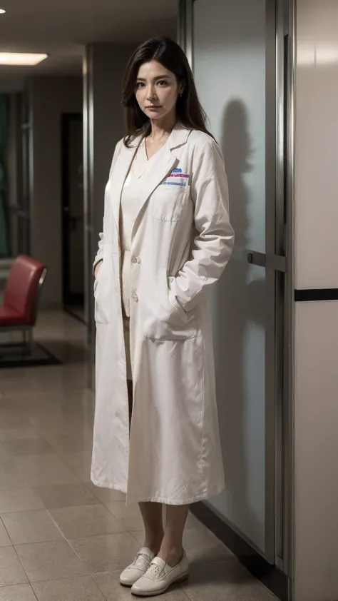 ((highest quality)), ((8K)), ((masterpiece: 1.3)), (perfect appearance), (photorealism: 1.6), (Standing figure of a female doctor), perfect anatomy, ((Age 65)), ((white coat)), ((calm expression)), ((hospital lobby)),