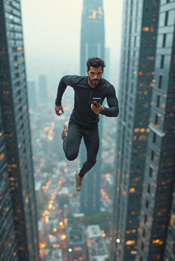 Video of a man running on skyscrapers with his phone in his hand 