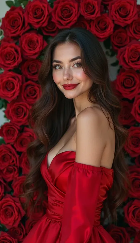 (((wide angle shot))), (((front view))), (((A stunning, 25 years old, confident, seductive Slavic girl))), (((with long, wavy dark brown hair))), beautiful deep brown eyes, (((wears an elegant, luxurious red silk gown, exuding passion and strength))). Stan...