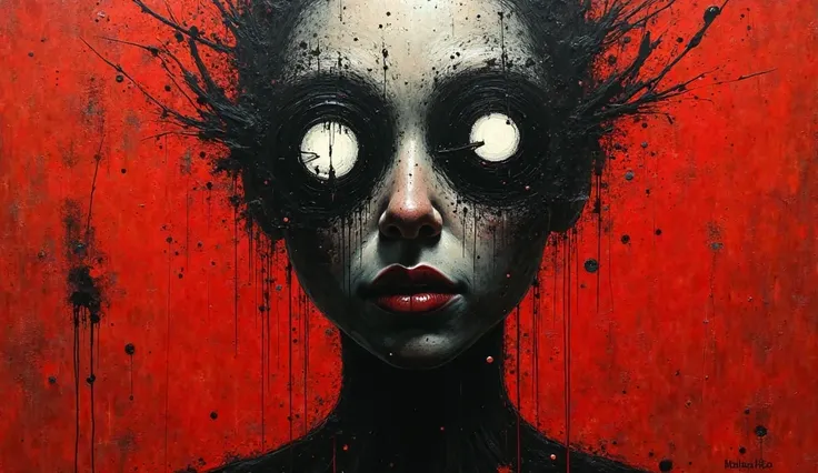 A surreal and disturbing abstract portrait of a humanoid figure, painted in a raw, expressionistic style. The face is heavily distorted with deep black shadows and rough, chaotic brushstrokes. The eyes are intense and unsettling, surrounded by thick black ...