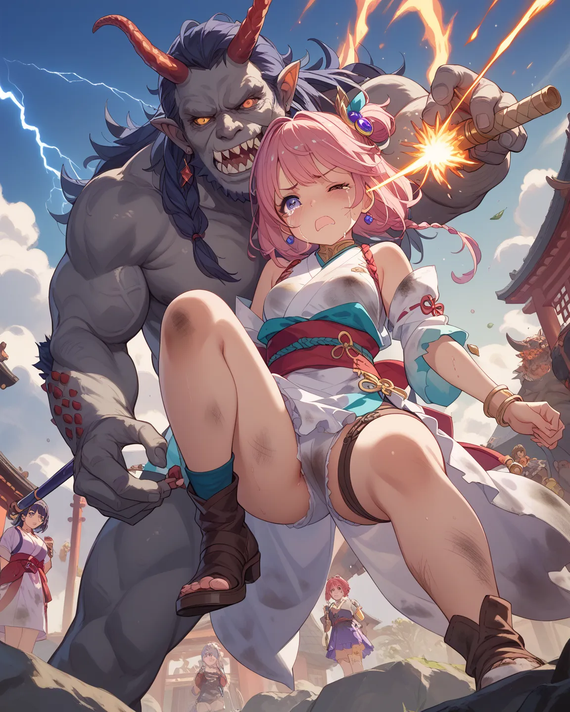 (Deathmatch between monsters and girls、Monster is a girl hitting a girl、The monster is crushing the girl、Monster grabbing the girl、monsters are controlling girls,A monster hits a girl、dirty clothes、Dirty skin,dirty skin,  colorful weapon)
 with one eye clo...