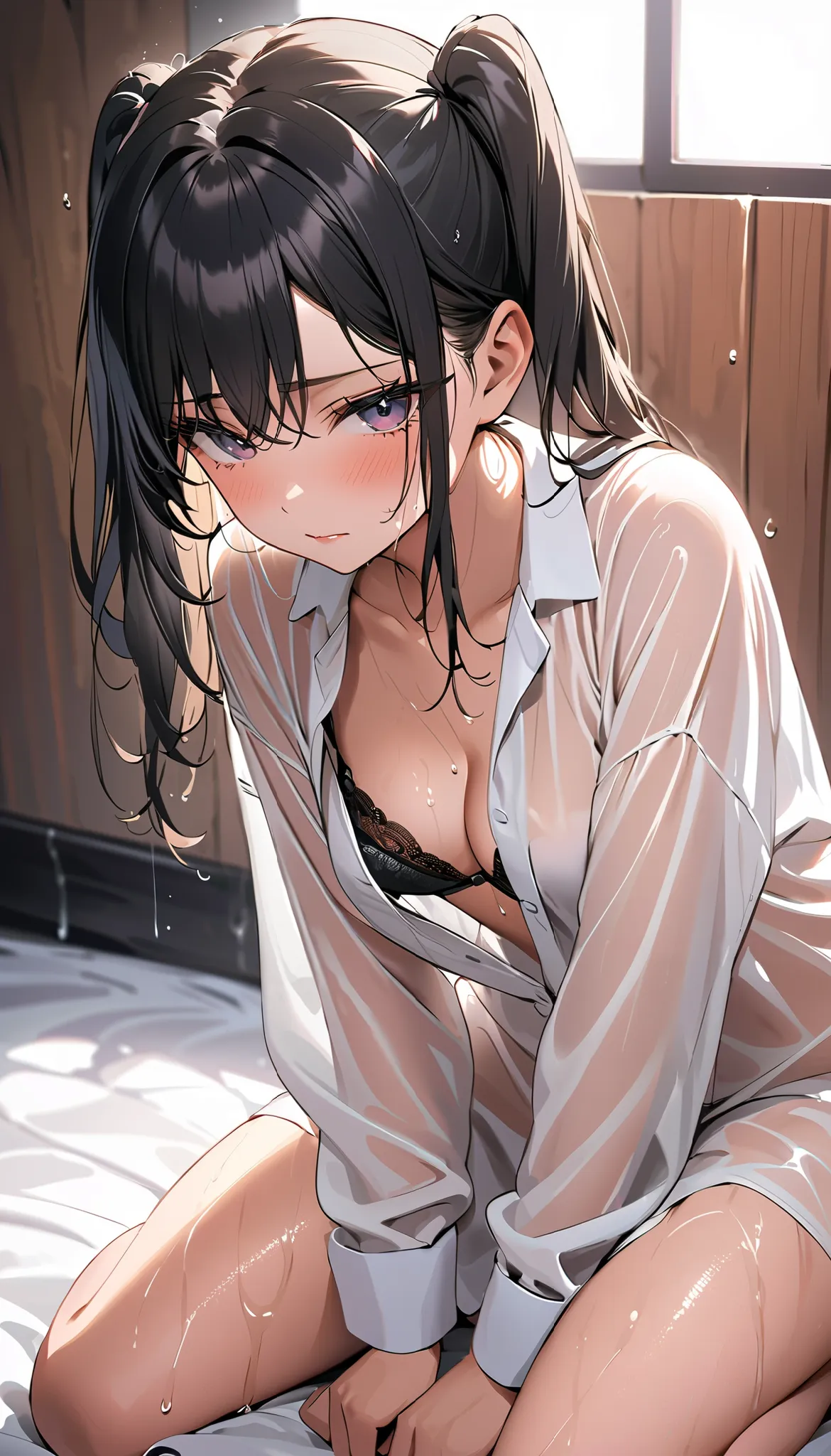 ((masterpiece,best quality)),(Girl After Taking a Bath ),(( Her Clothes Are Wet and Her Naked Body Can Be See-Through )),( Black Lace Push Up Bra),long black hair, twin tails,oversized shirt, color shirt, Sleeves Over Wrist, very small breasts, Modest expr...