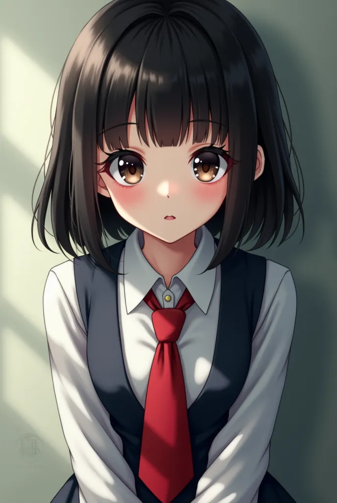 I need a real picture, girl in school uniform, full body photo, white skin, Big round eyes,  red tie, I have dark hair