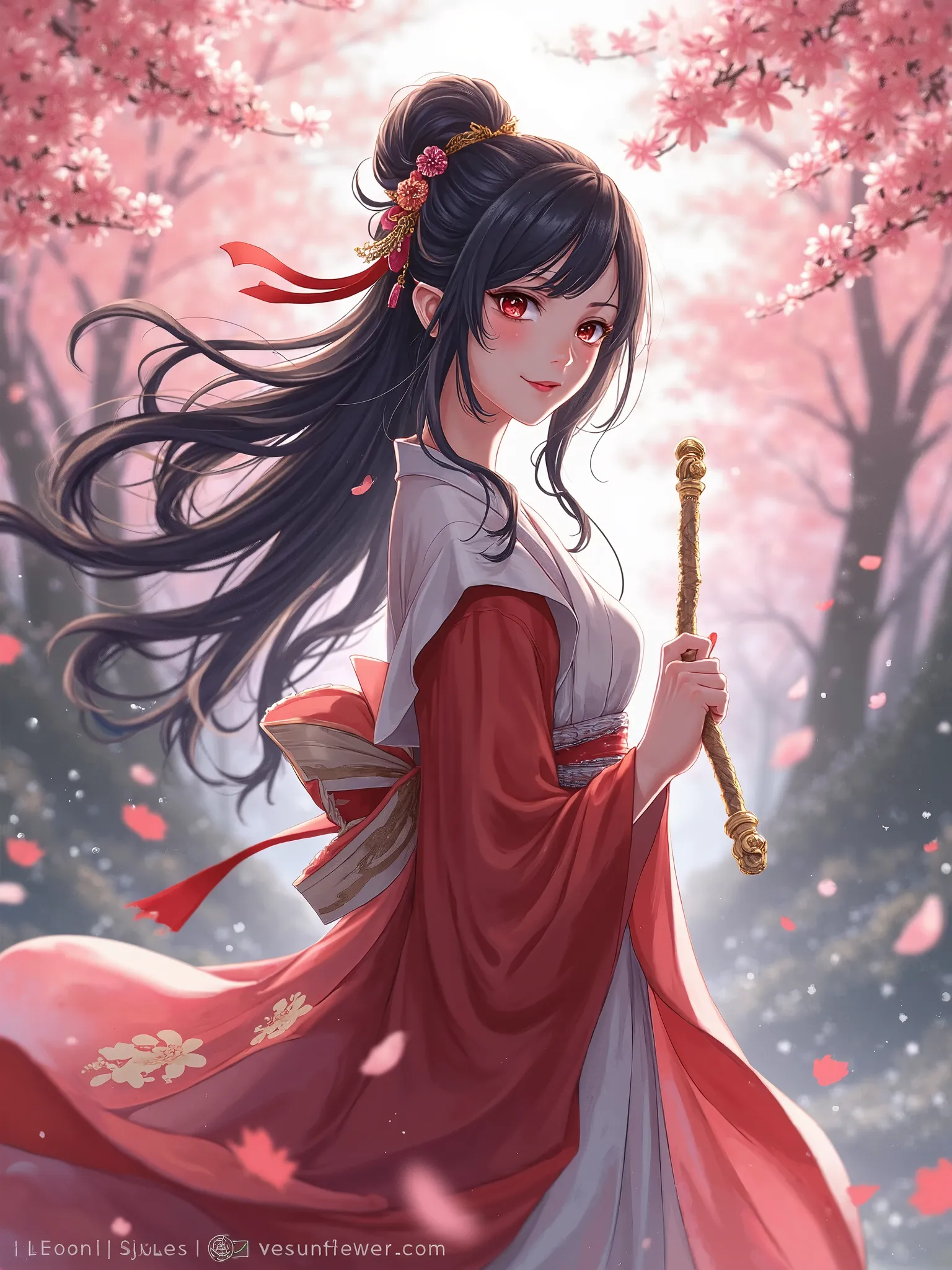 6. Mysterious Japanese-style shrine maiden "A mesmerizing anime shrine maiden with raven-black hair tied in an elaborate traditional style. She wears a flowing red and white kimono, standing under cherry blossoms, holding a sacred staff with a serene yet p...