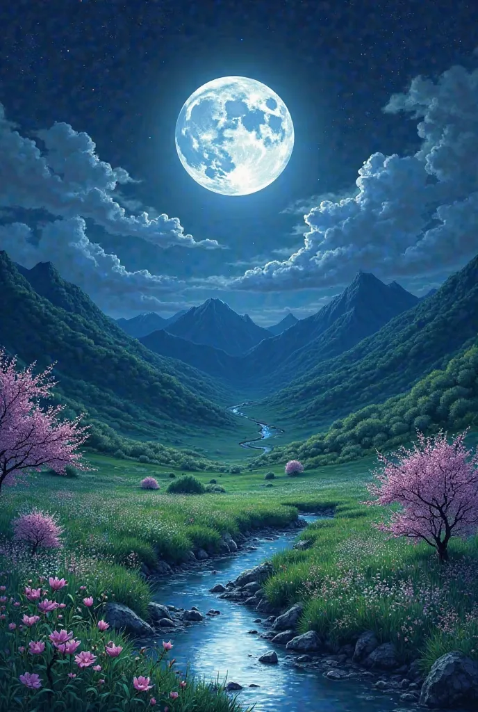 A spring landscape with a full moon