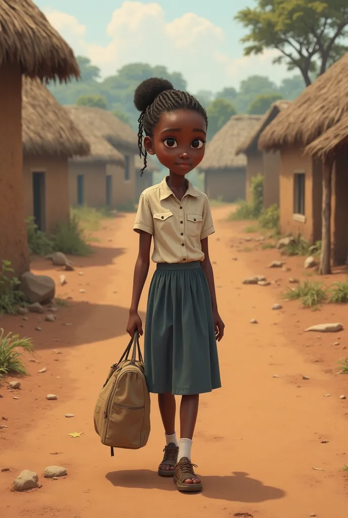 Scène 4 : Ama part pour ses études
	•	Prompt : “A young African girl, Ama, dressed in a simple but neat school outfit, leaving her village. The background shows a dusty road leading out of the village, with traditional huts in the distance. Ama is walking ...