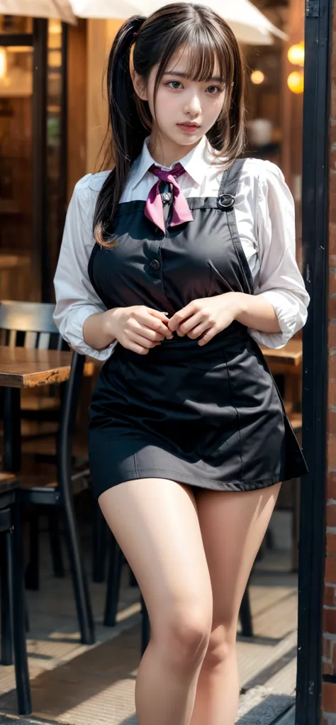 masterpiece, best quality, illustration, Super detailed, fine details, High resolution, 8K,wall paper, perfect dynamic composition,(Details High quality, realistic depiction of eyes:1.3), curvy, waitress uniform, restaurant, huge breasts, pony tail hair、bl...