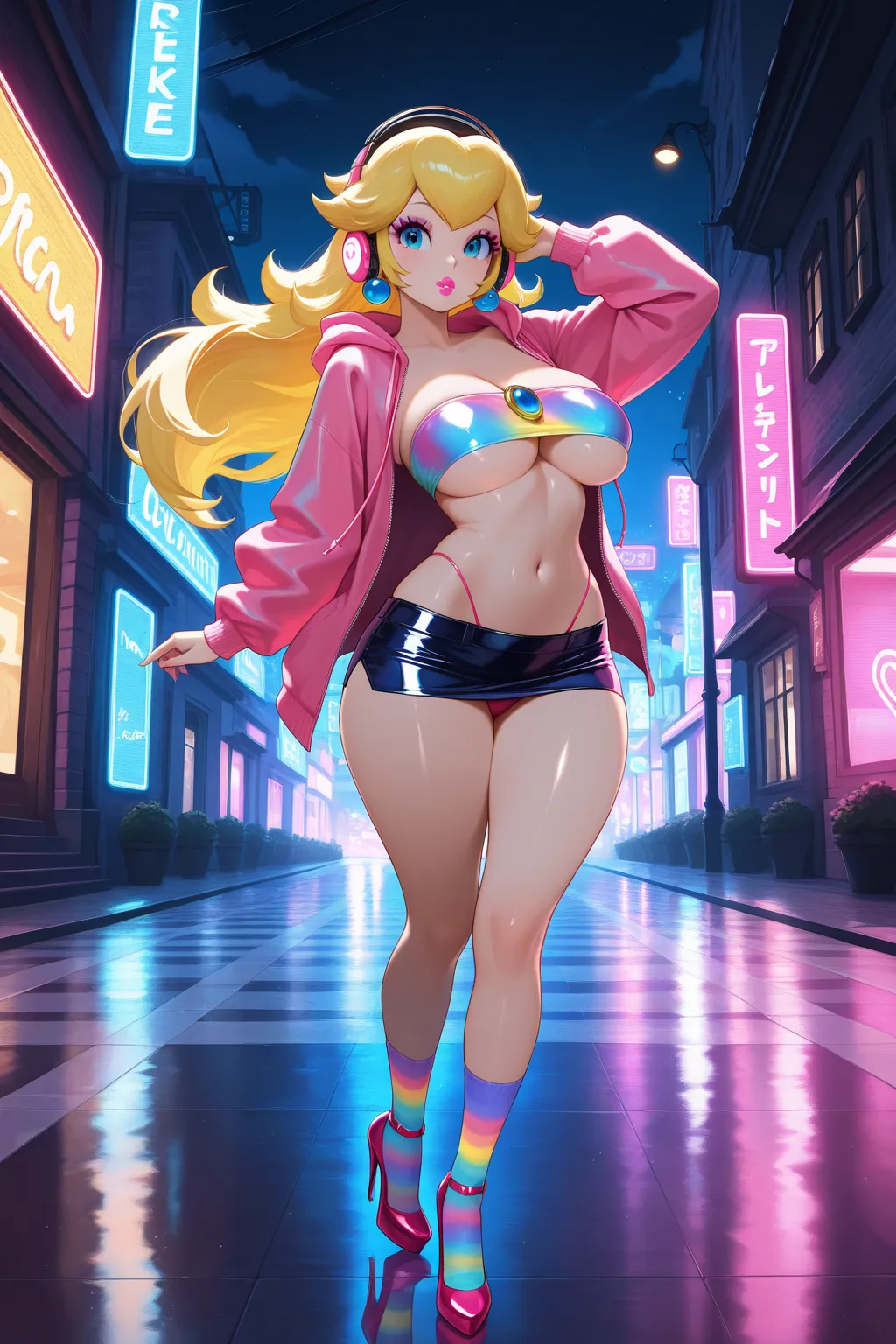 masterpiece,best quality, amazing quality, very aesthetic,1girl,focus female ,princess peach,eyelashes, (makeup:1.6),(lipstick:1.4),lrage breasts,curvy,wide hips,dynamic pose, shiny clothes,underboob, micro tube top,strapless,high heels tight clothes, micr...