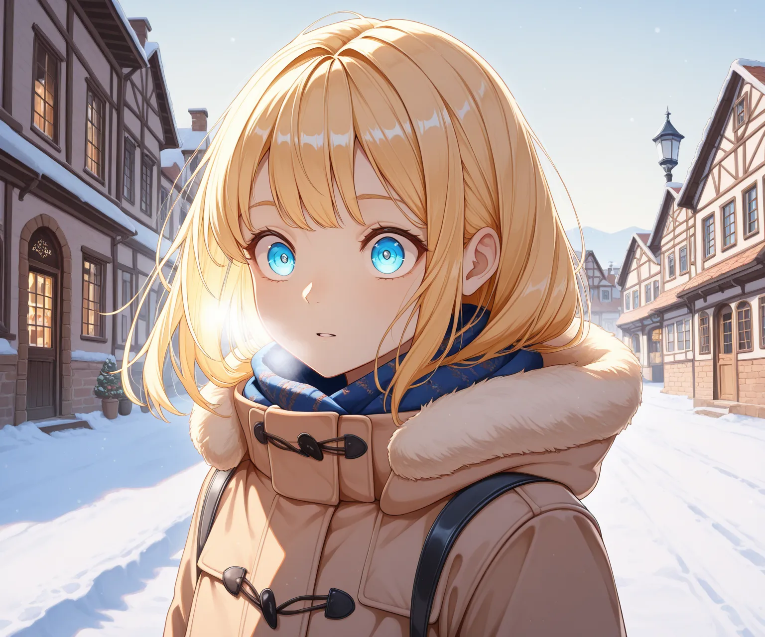 Caucasian, European, blonde-haired, blue-eyed, winter, coat, avobe view walking through European town, sparse figures, eyes focus