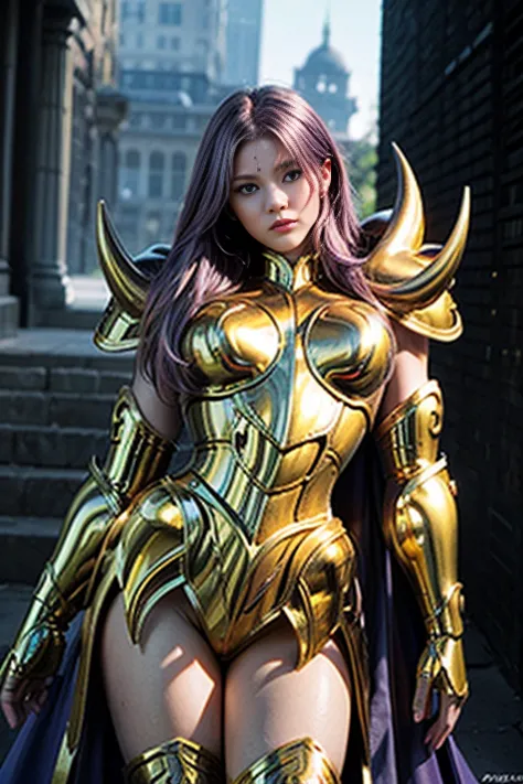 Super high saturation（masterpiece）， Full body image，（Best quality）， （1 girl），purple hair,  Wearing shining golden armor， Sexy lingerie type armor，Show your breasts，Expose the waistline，Show your thighs，cool pose， Saint Seiya Armor， Messy hair，High Detail, ...