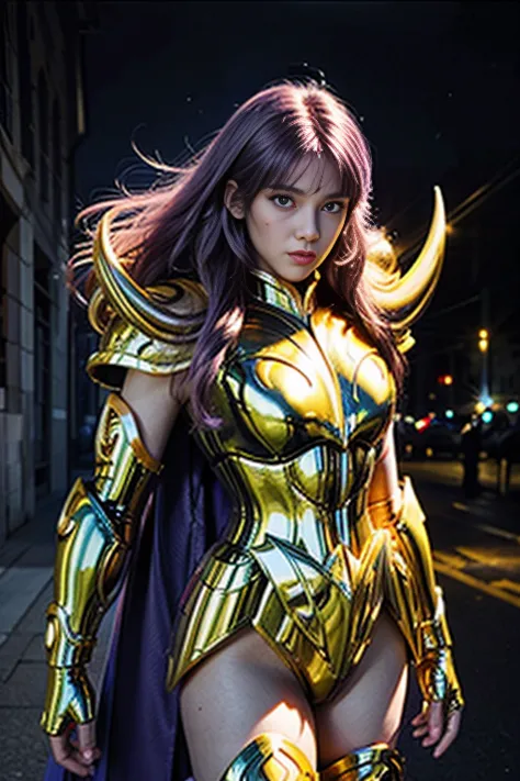 Super high saturation（masterpiece）， Full body image，（Best quality）， （1 girl），purple hair,  Wearing shining golden armor， Sexy lingerie type armor，Show your breasts，Expose the waistline，Show your thighs，cool pose， Saint Seiya Armor， Messy hair，High Detail, ...