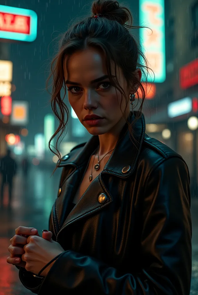 emma watson, handcuffed, realistic portrait, cinematic lighting, moody atmosphere, dark shadows, dramatic expression, piercing eyes, tousled hair, leather jacket, gritty urban background, neon signs, rain-slicked streets, 4k, photorealistic, highly detaile...