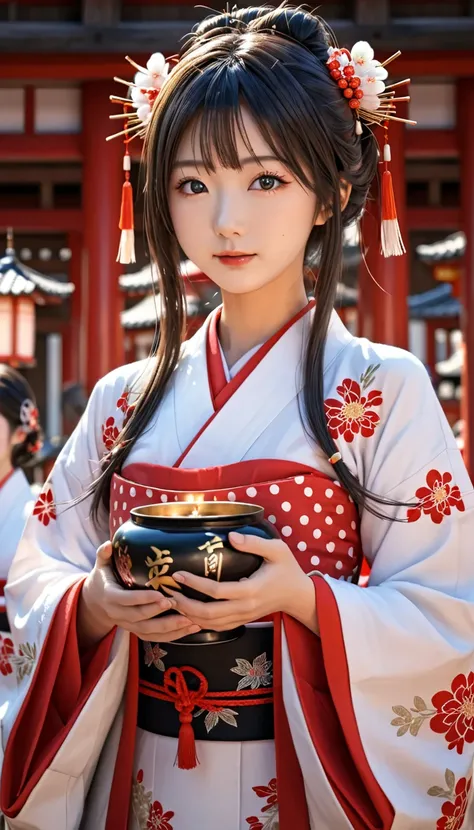 Perfect anatomy, high quality, ultra realistic, 16K HDR, great lighting, small breasts, Japanese woman, (high nose), god, has mysterious powers, shrine maiden outfit, power resides in hands