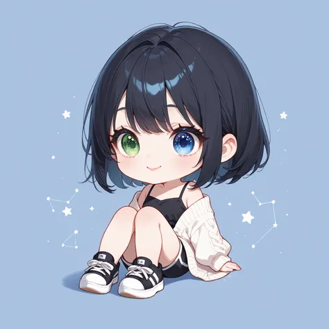 watercolor、fluffy、cute face、 sit、black hair、bob hair 、heterochromia,blue eye、green eyes、Glittering eyes、 Black Camisole、black shorts、black sneakers、white knit cardigan、small lips、pink lips、 from afar、high quality,( 1girl ), chibi,Alone,(small face),(narrow...