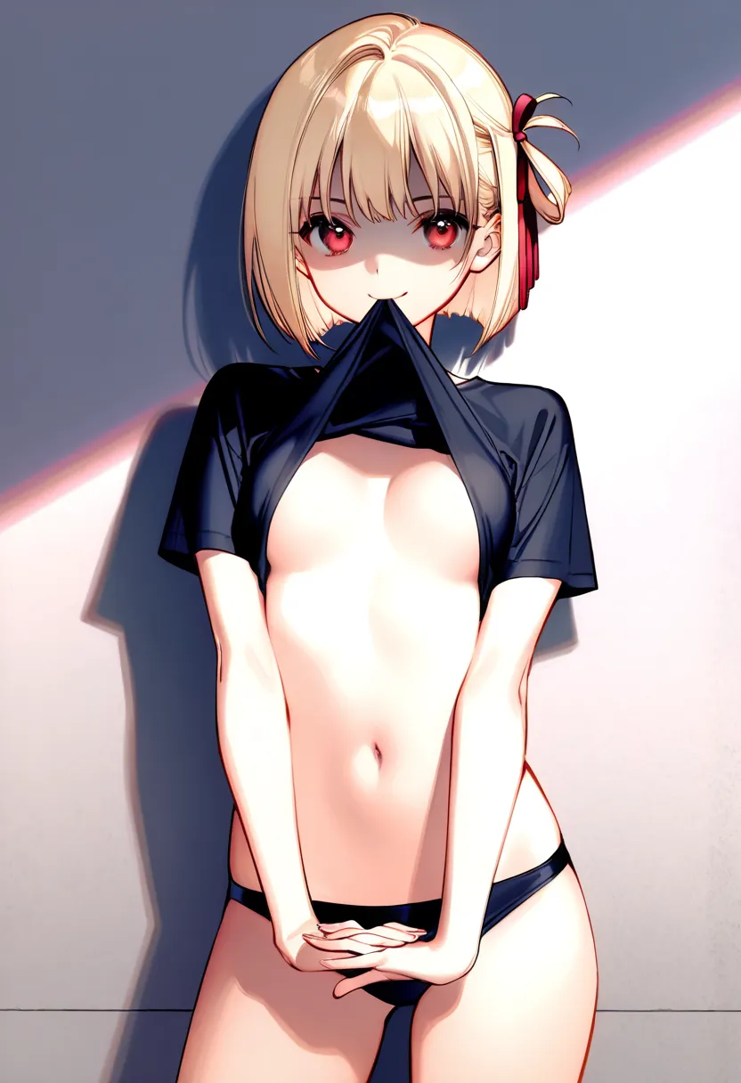 Chisato Nishikigi, short hair, bangs, blonde hair, red eyes, hair ribbon, one side up, bob cut,、smile,,smile,,smile,, BEST QUALITY OFFICIAL ART ,smileSMILE,,,,,( best quality )、Best Quality Official Art Best quality, standing,disgusting, glare, shaded face...