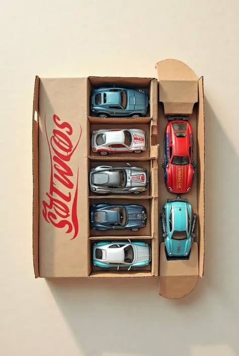 minimalist style photo of a cardboard box with the Hot Wheels logo seen from above with original hot wheels cars in their respective boxes