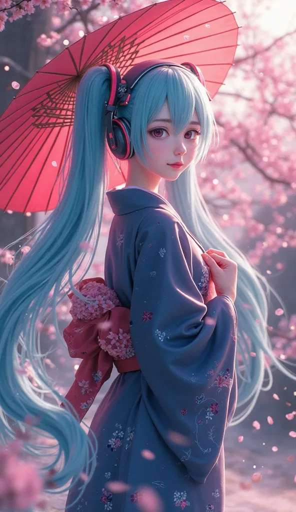 2D Hatsune Miku with long twin tails and original Hatsune Miku's headphones in a kimono of dark blue color glazing at the Sakura tree with a traditional Japanese umbrella during sunset time, 4k UHD Graphics, ultra fine resolution, intricate details, 2D Gra...