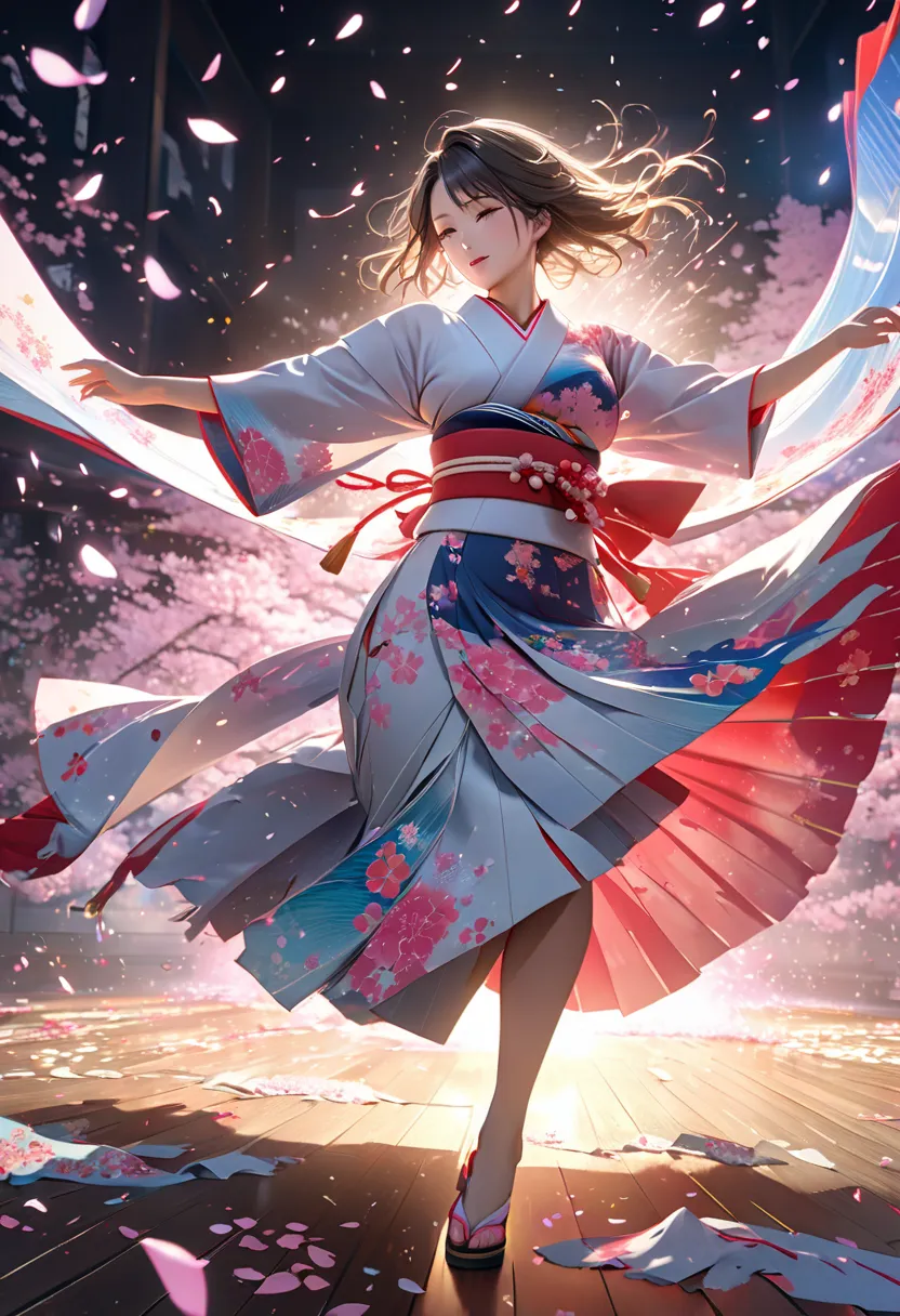 Beautiful woman in kimono who dances Japanese dance violently, torn screen,  Sakurabuki, Fluttering cherry blossoms and scattered kimono fabric,  intense lighting ,  Colorful Laser Light, Precise debris and precise dust, Highlight active movements, UHD, re...