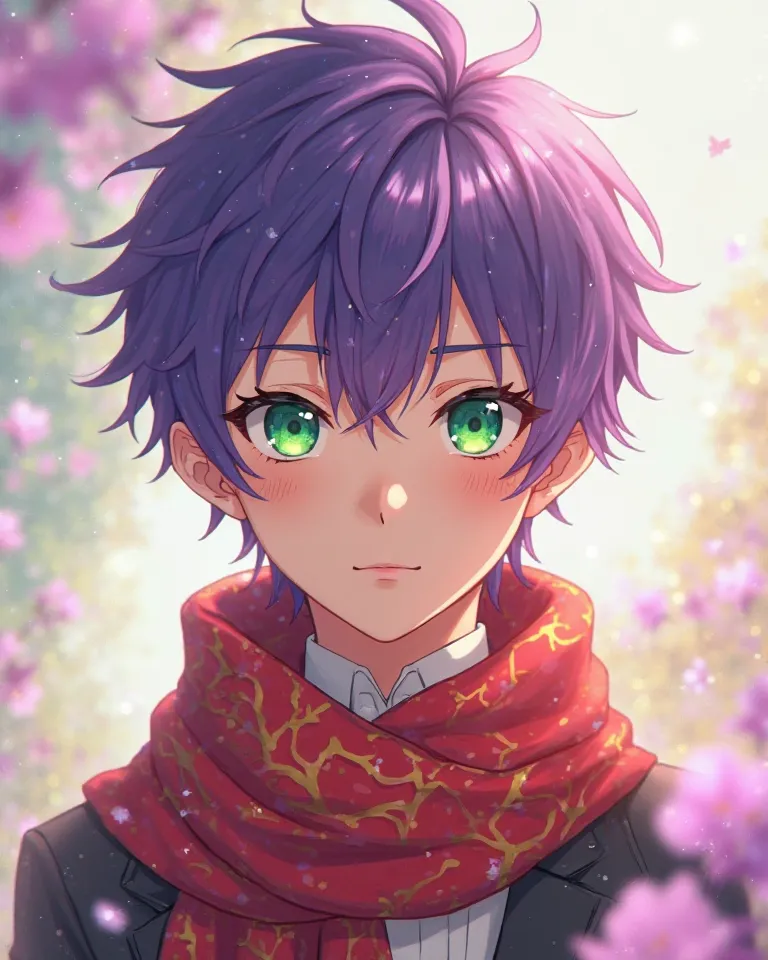 Create a 15-year-old fair-skinned boy with purple hair green eyes with red and gold scarf anime animation