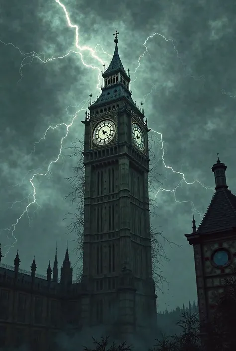 Image de la tour big ben à Londre avec des lianes accrochés à la tour et des éclairs avec des nuages au dessus. C'est une vision apocalyptique de londre