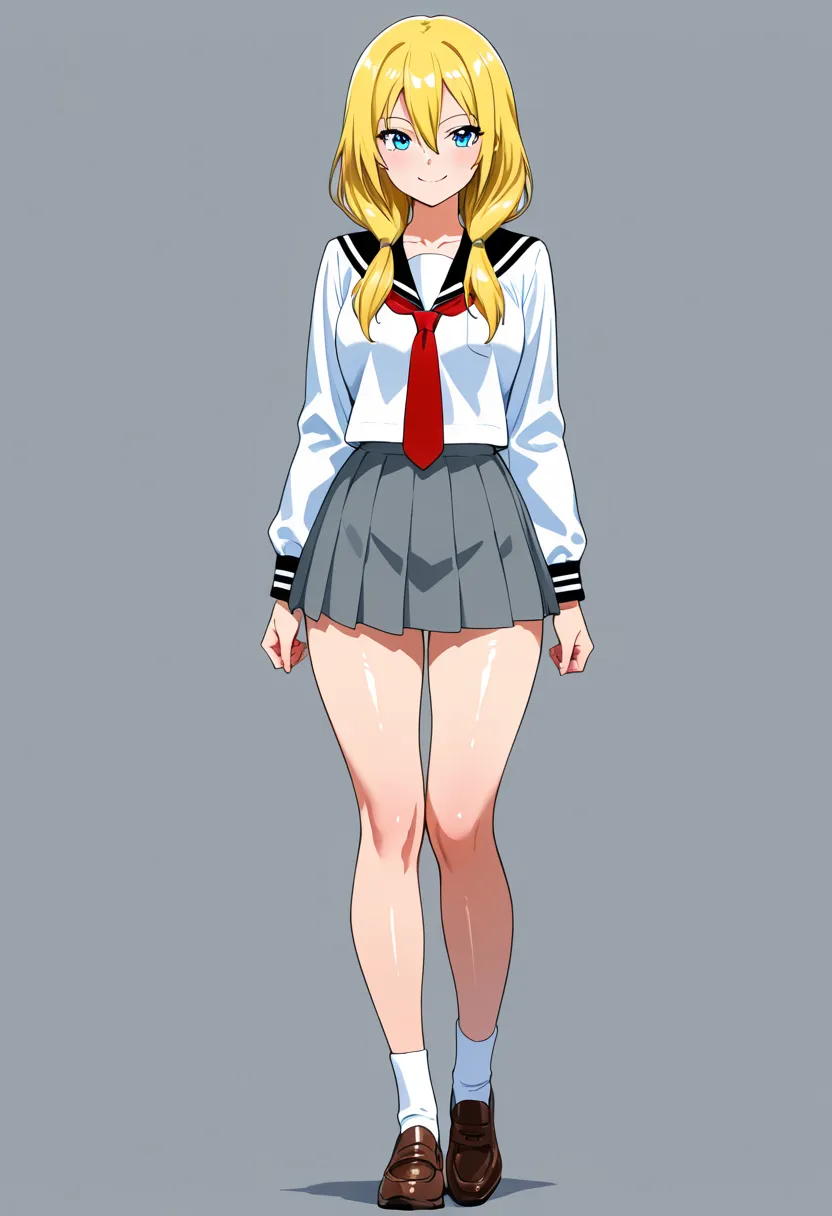  1girl , Alone, alone, hyper detailed face, adult face, Fierce face, ight blue eyes, yellow blonde hair, (Long Low Pigtails, hair over shoulder:1.3), hair between eyes, medium hair, white school uniform, black sailor collar, red neck tie, bare neck, collar...