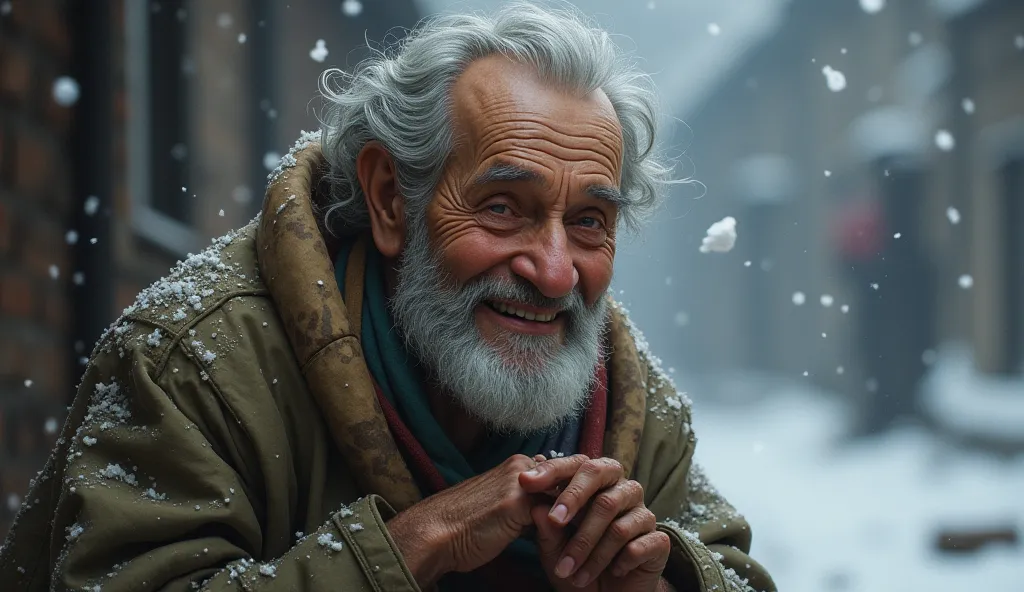 Old beggar wraps blanket smiles gently and says, "So what if money is gone?" Add text on screen in conversation icon. Snow falling