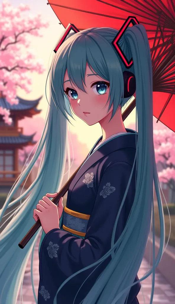 2D graphics Hatsune Miku with long twin tails and original Hatsune Miku's headphones in a kimono of dark blue color glazing at the Sakura tree with a traditional Japanese umbrella during sunset time, 4k UHD Graphics, ultra fine resolution, intricate detail...