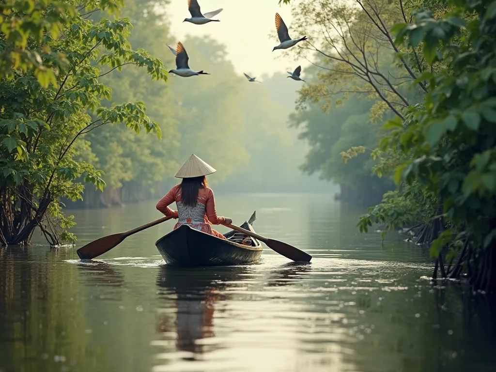 A wooden canoe drifting along a narrow water channel lined with lush vegetation, with a local woman paddling gracefully while wearing a traditional áo bà ba outfit, surrounded by birds flying overhead.