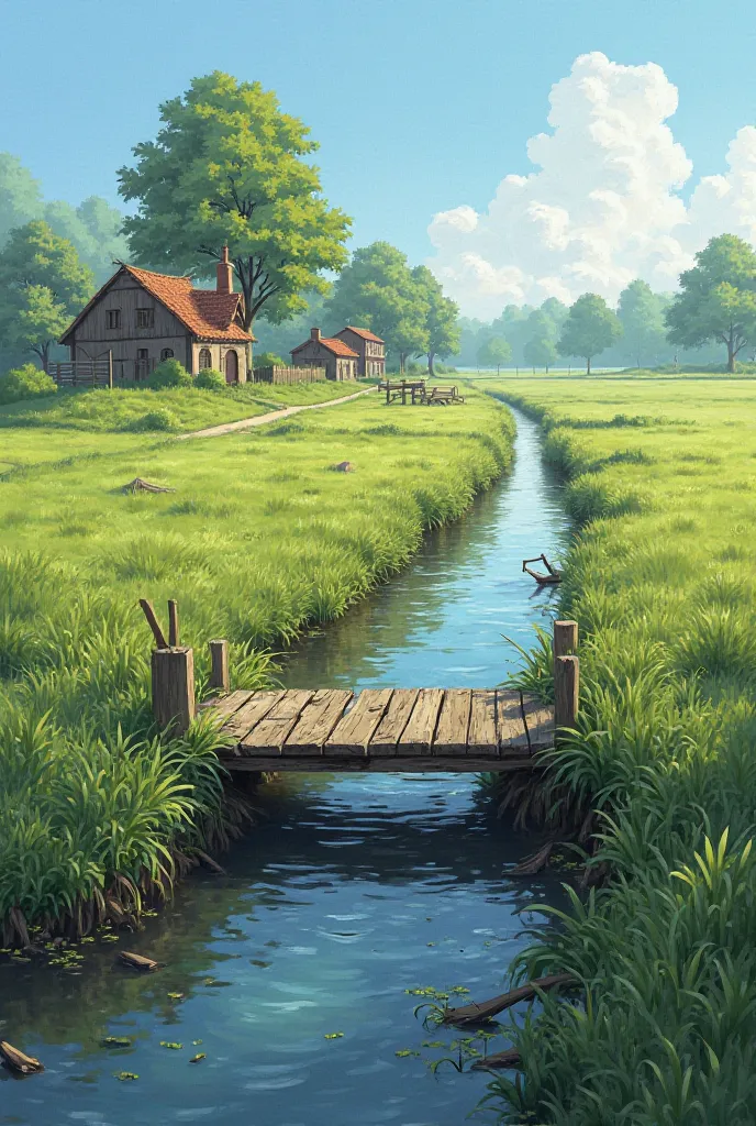 *A narrow wooden bridge stretches across a flowing canal near a peaceful village. Lush green fields surround the area, and the sky is bright blue. The bridge looks old but sturdy, just wide enough for a single person or animal to cross at a time.*  