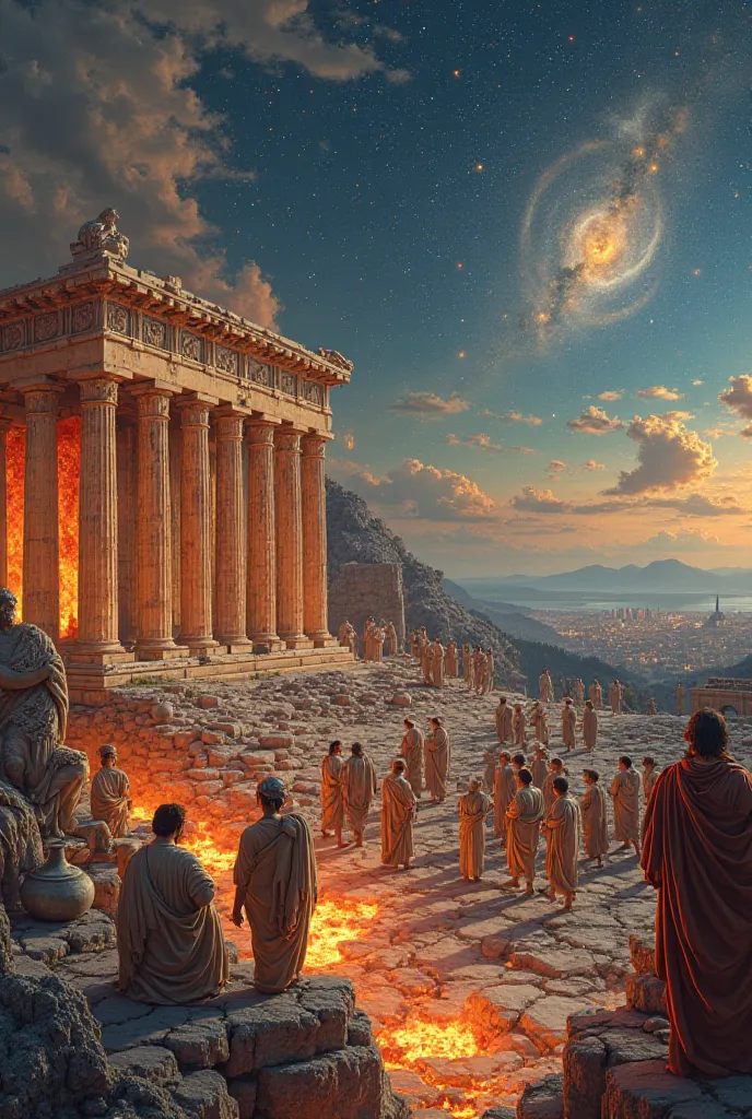 A fascinating scene reflecting Ancient Greece: boiling lava, a magnificent Parthenon temple decorated with elegant columns and a magnificent Parthenon temple. An atmosphere filled with stars, the statue of the goddess Athena and reliefs depicting mythologi...