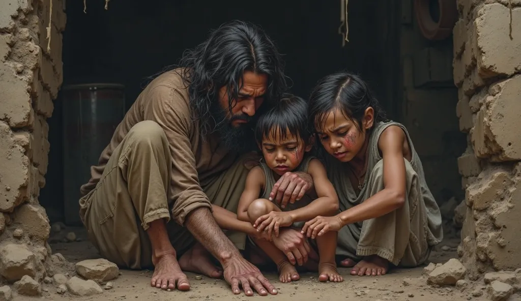 A poor family of four—mother, father, and two ren—crying loudly in a small, broken hut. Their faces are filled with sorrow as they sit on the dusty floor, holding each other tightly