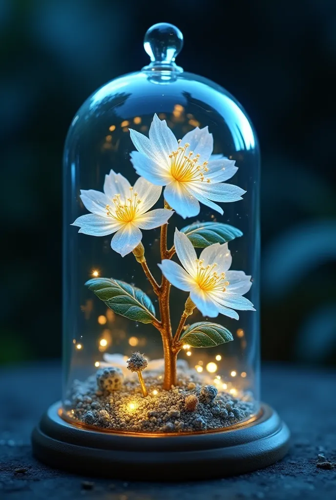  magical and enchanting scene featuring a delicate glass dome encasing a branch of glowing, crystalline white flowers with golden centers. The petals shimmer with an ethereal, pearlescent glow, reflecting soft blue and white light. The leaves are deep gree...