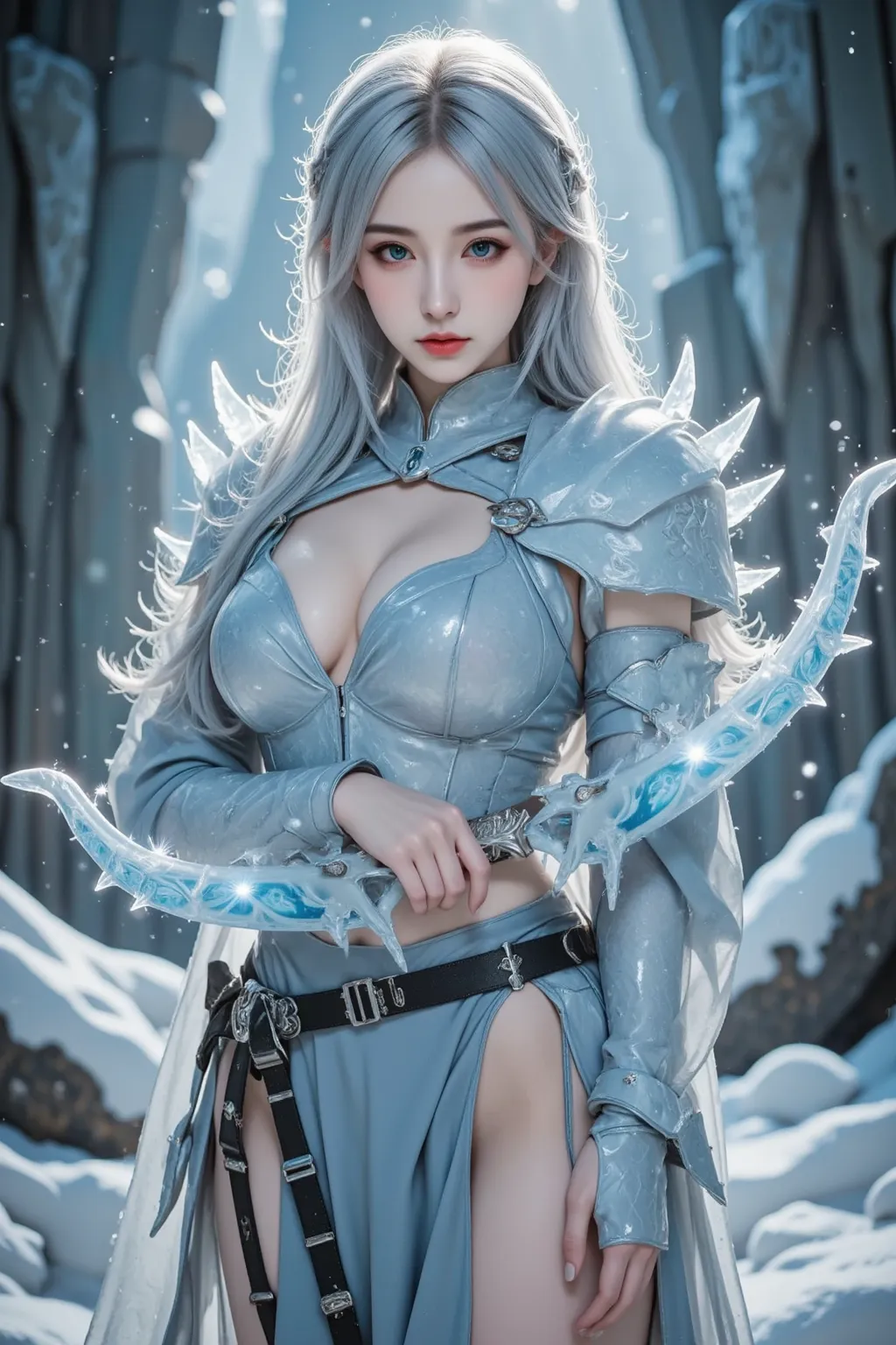 A breathtakingly beautiful female warrior clad in ice-forged dragon armor, seamlessly blending crystallized ice and ethereal fabric. The armor is sculpted from enchanted ice, its translucent, jagged edges reflecting a mesmerizing blue glow. Each plate is i...