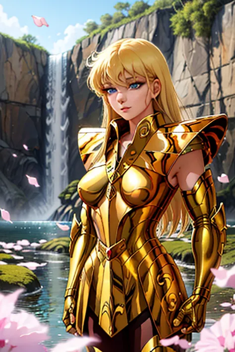 masterpiece, best quality, highres, solo, 1girl, blue eyes, detailed background,waterfall,armor, outdoor ,(medium breasts:1.5) ,golden armor,blonde hair,own hands together,petals