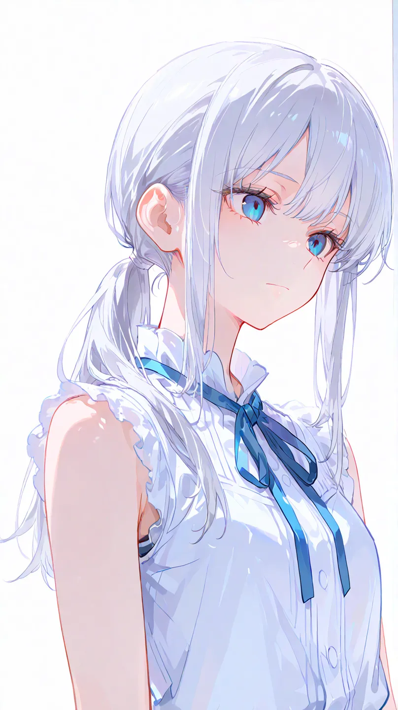 걸작, quality, High Resolution,  long hair, ponytail,  blue eyes, 1 female, alone,  blue ribbon,  lashes, Neck Ribbon,  sleeveless,  bangs, clavicle, Bare arms , white background, Front, There is no scenery, looking at viewers,Upper body, solid color backgro...