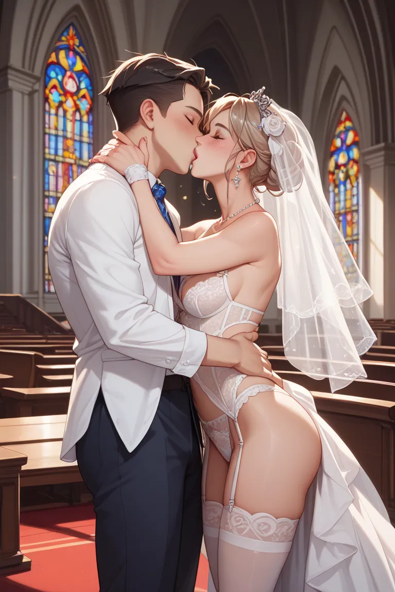 (SEXY LINGERIE)、wedding dress、church、1 woman 1 man kiss、High Resolution、high quality、masterpiece、