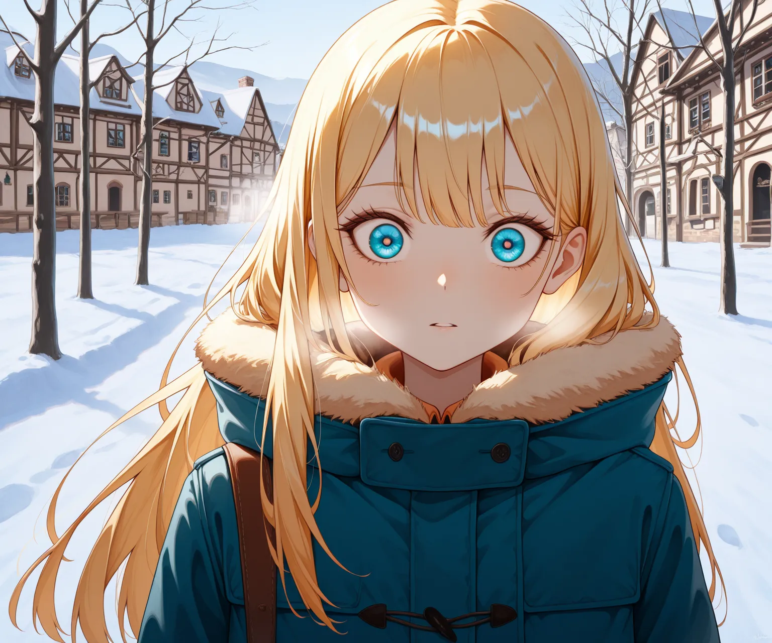 bisque doll, Caucasian, European, blonde-haired, blue-eyed, winter, coat, avobe view walking through European town, sparse figures, eyes focus