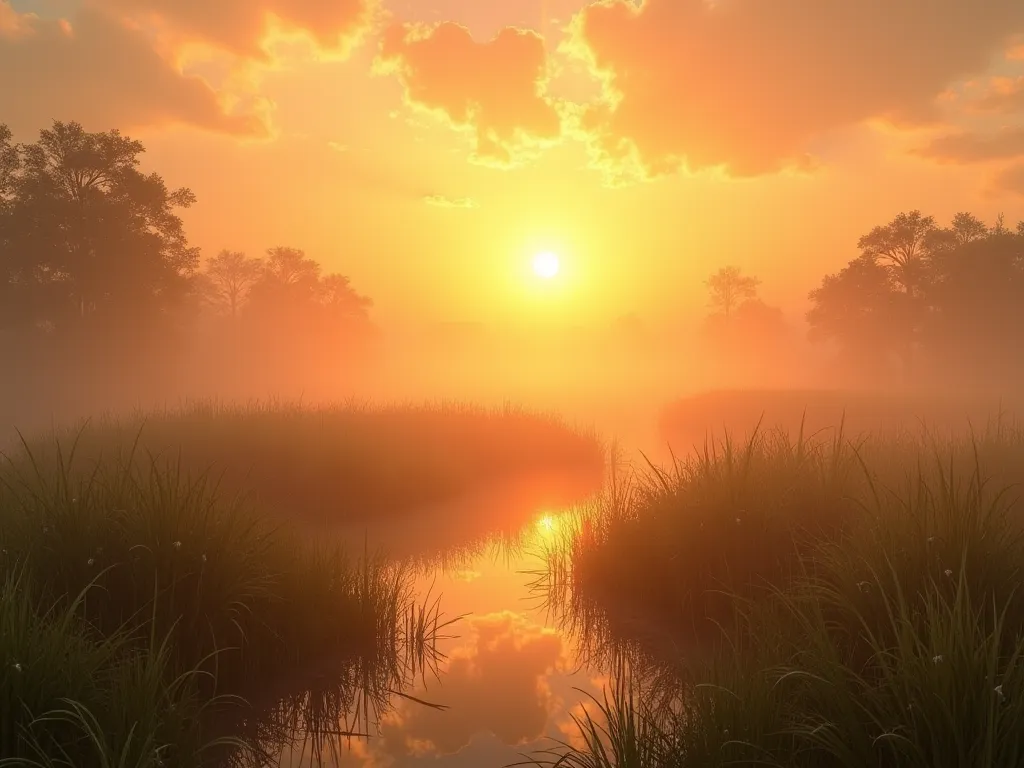 A mesmerizing misty sunrise over Đồng Tháp Mười, with golden rays piercing through the fog, illuminating the dewdrops on wild grasses and creating a dreamlike rural landscape