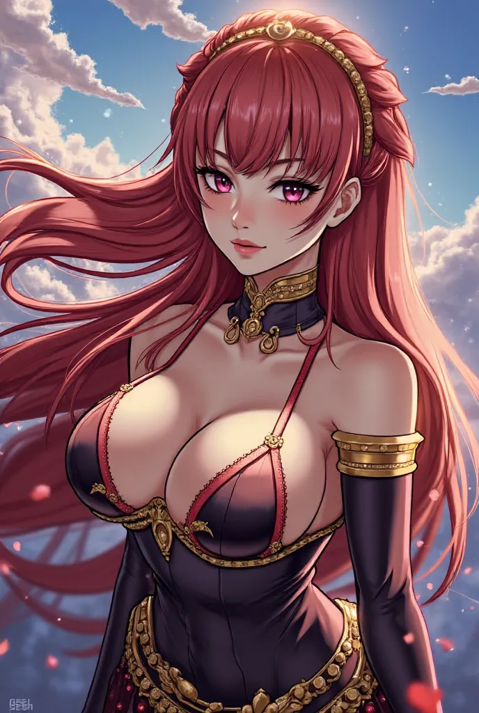 Create something sexy with boobs in anime drawibg like juuutsu kaisen, crrate a young beauty woman with long  smooth   dark pink royal hair,she beautuful dark magician and she weari g some sexy outfit of dark magic and she wearing royal outfit,she has bigg...