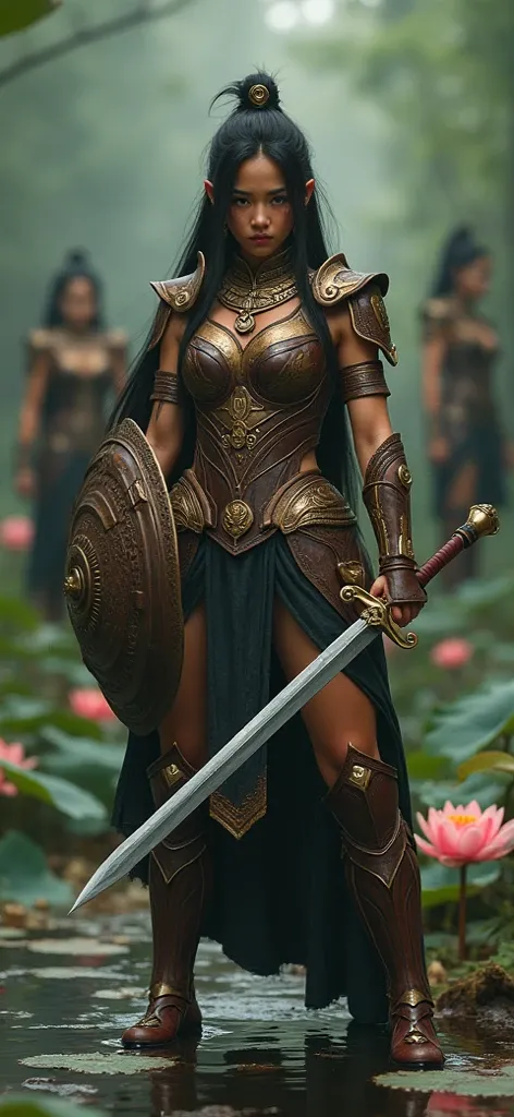 a woman in a costume holding a sword and shield, anime malay girl, still from alita, wonder woman, nymphaea, still image from tv series, hindu gods, wearing leather armor, in formation, stern like athena, by Michael Aloysius Sarisky, ready to fight, uncrop...