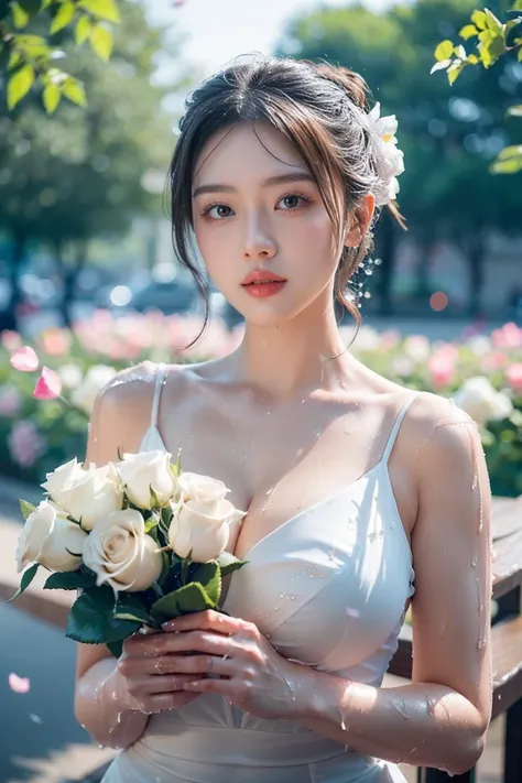 (RAW, Photoreal:1.5, 8K, highest quality, masterpiece, ultra high resolution), ((((petal, blossom season)))), 1girl, Wife, Beautiful face, Perfect Face, Highly detailed skin and facial textures:1.3, perfect dynamic composition:1.2, (outdoor at day in a Par...