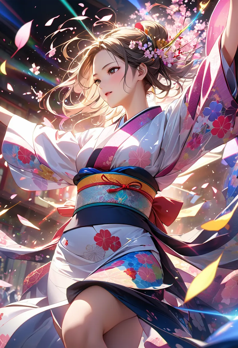 Beautiful woman in kimono who dances Japanese dance violently, Intrusive fabric that crosses the screen, torn screen,  Sakurabuki, Fluttering cherry blossoms and scattered kimono fabric,  intense lighting ,  Colorful Laser Light, Precise debris and precise...