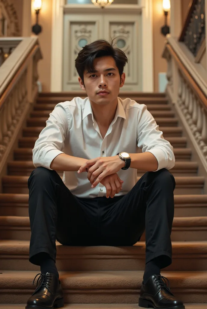 Take a photo of a 20 year old ager, wearing a white shirt,  long black pants, black leather shoes, sitting on the stairs of a hotel, 